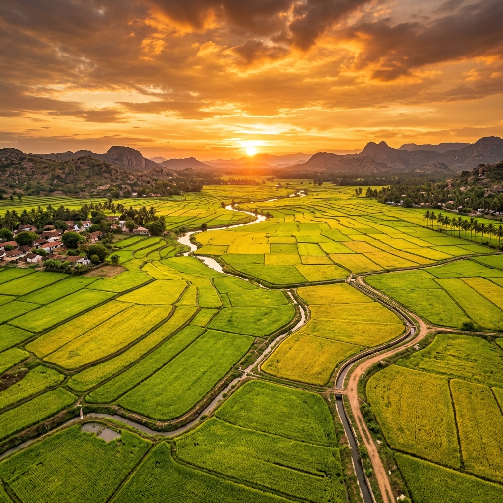 Aerial drone view of Indian rice paddy fields at golden hour